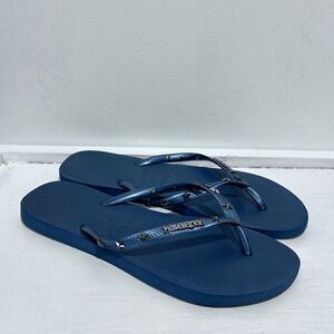 Havaianas Women Navy Slim Hardware Flip Flops  Sandal w/ Studs Size 9/10 (39-40)